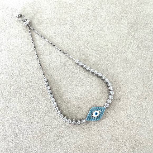 EVIL EYE Dainty 925 Sterling Silver Cz Rhinestone w Enamel Adjustable Bracelet - Picture 10 of 12